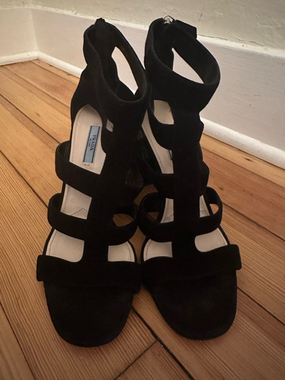 PRADA Black Suede Block Heel Cage Sandal, 85mm - Picture 2 of 8